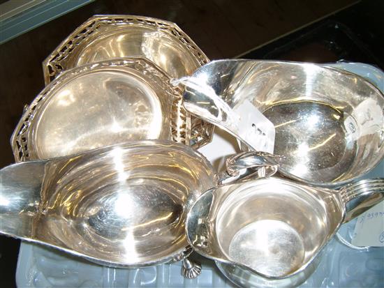 Pair pierced silver bon bon dishes, two silver sauce boats and a cream jug